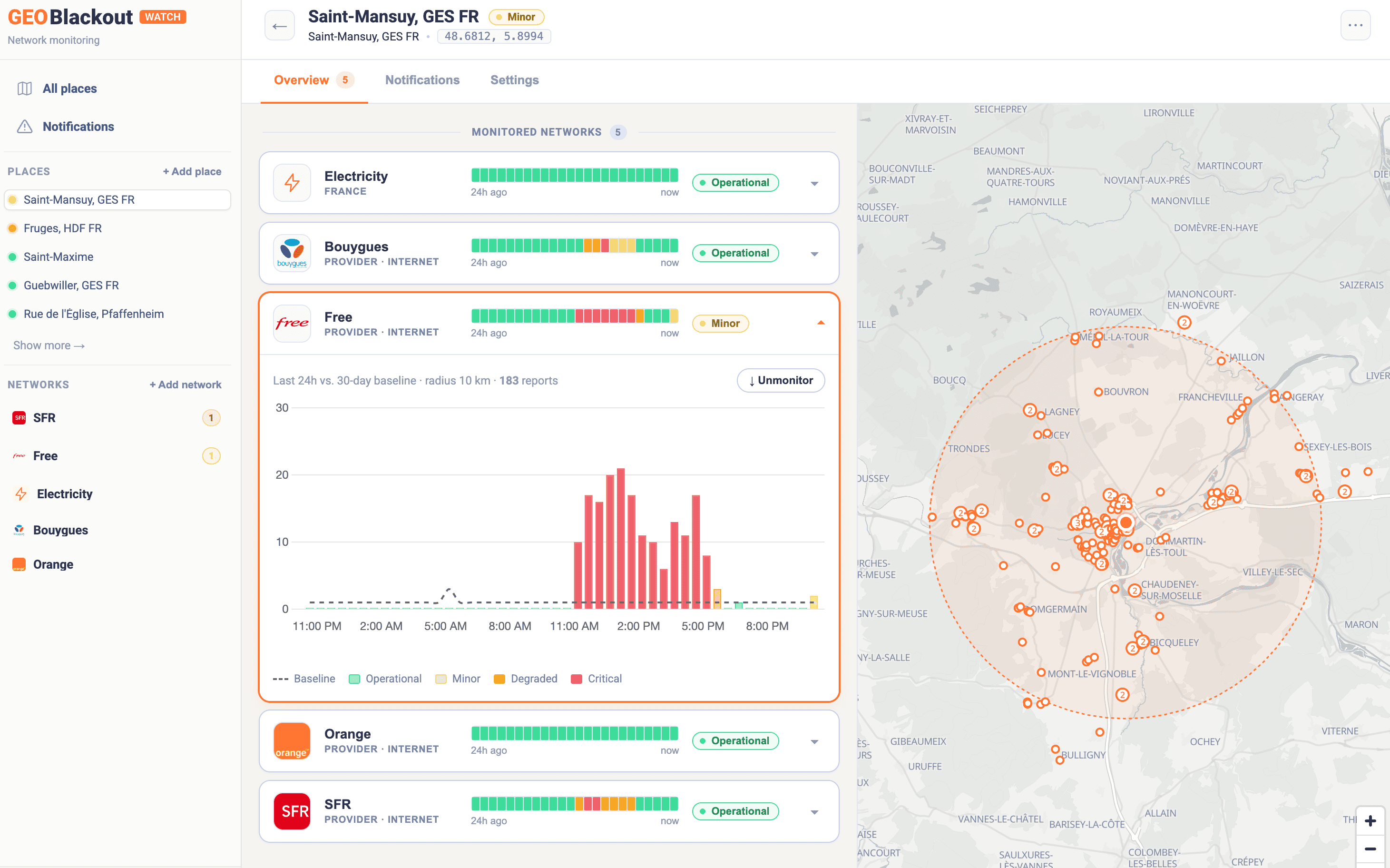 GeoBlackout Watch — Place detail with chart and map
